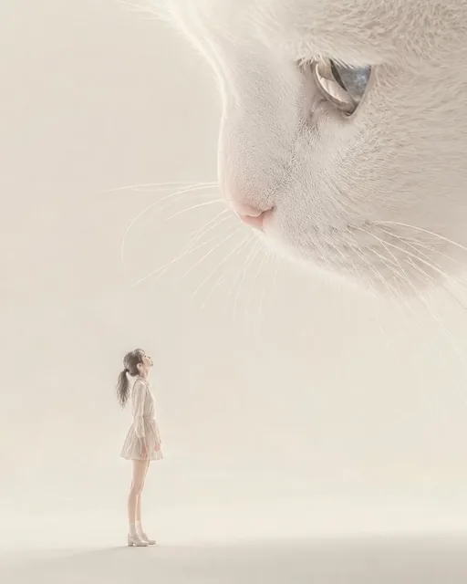 A minimalist surreal illustration with a large scale contrast, featuring soft lighting and a muted color palette.