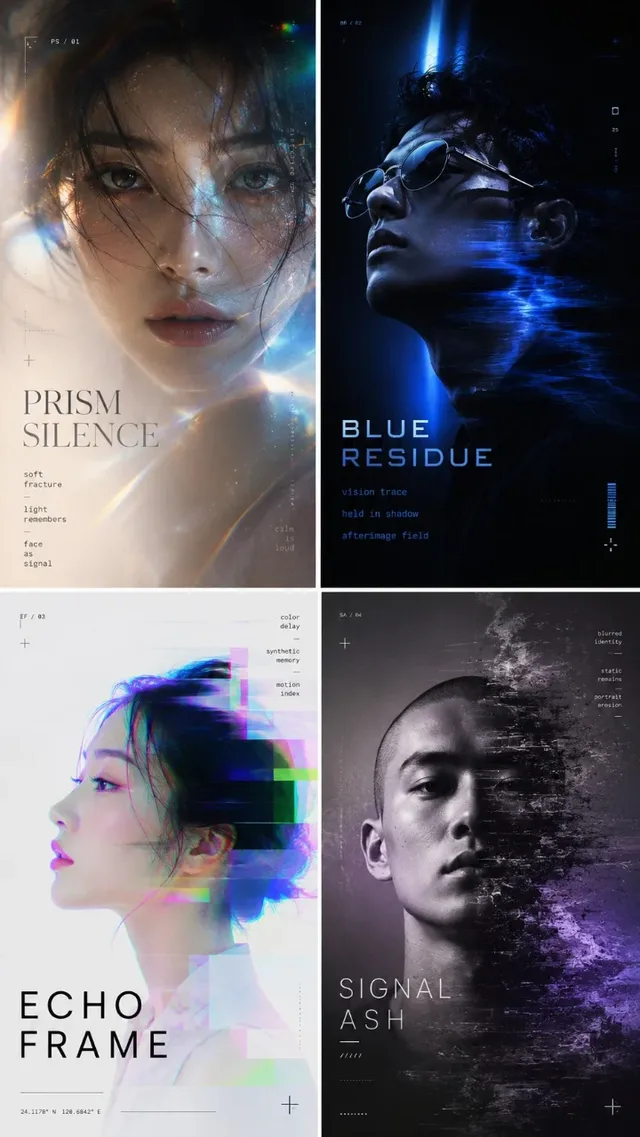Editorial portrait poster with a model's face partially obscured by prism refractions and subtle digital effects.