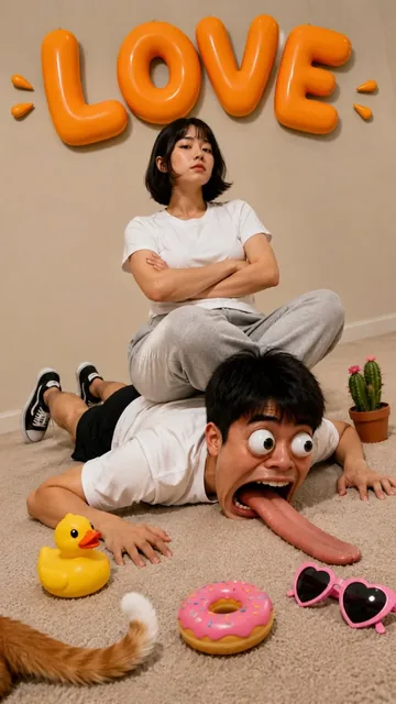 A young East Asian man lies face-down on a carpet, his face comically squished, as a young East Asian woman sits unimpressed on his back. A rubber duck, donut, cactus, and sunglasses are scattered around them. The word 'LOVE' floats above in orange bubble letters.