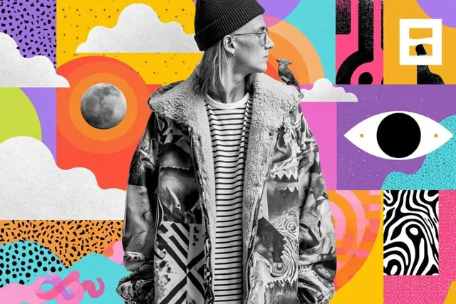 A person in profile wearing a patterned jacket, set against a vibrant, geometric collage background with abstract shapes and a moon.