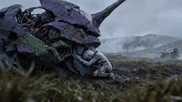 A female pilot in a white suit kneels in mud next to a massive, damaged biomechanical head, her forehead resting on its jaw. Rain streaks down her face and the mech's purple and green armor. She looks defeated.