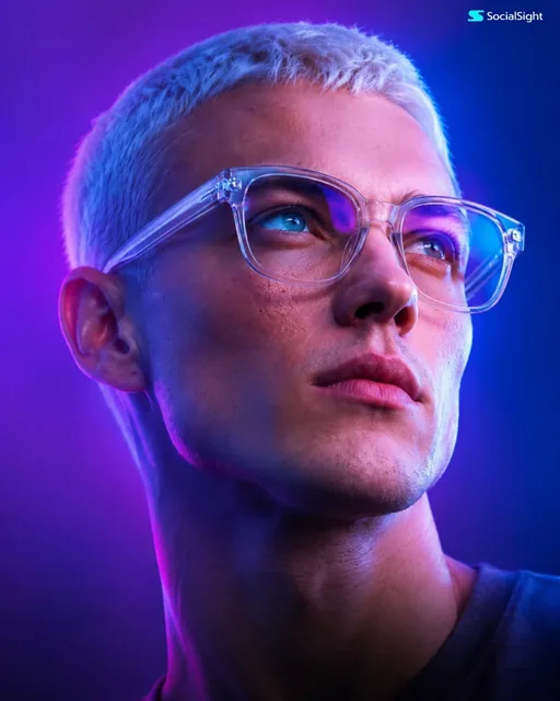 Ultra-realistic cinematic close-up portrait of a person wearing transparent glasses, looking upward with a thoughtful expression, illuminated by dramatic purple, magenta, and blue neon lights, with sharp focus on the eyes and detailed skin texture.