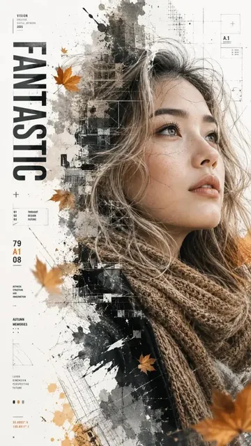 Cinematic double exposure portrait of a young Asian woman with wavy blonde hair, wearing a winter jacket and scarf, blended with autumn leaves, grunge textures, and graphic design