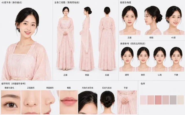 A detailed character reference sheet with a woman in Hanfu, featuring various angles, expressions, close-ups of facial features, and color swatches on a cream background.
