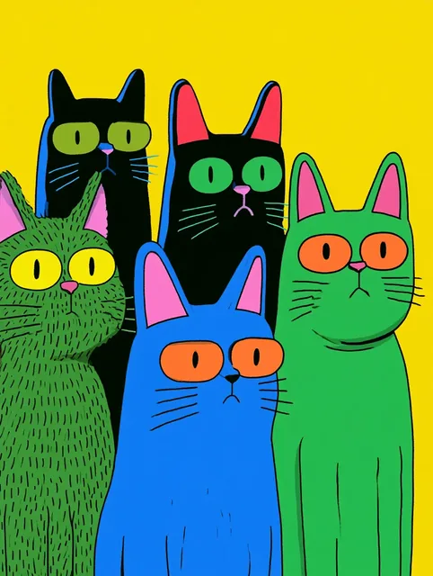 A group of five cartoon cats with large, expressive eyes and bold outlines against a yellow background.