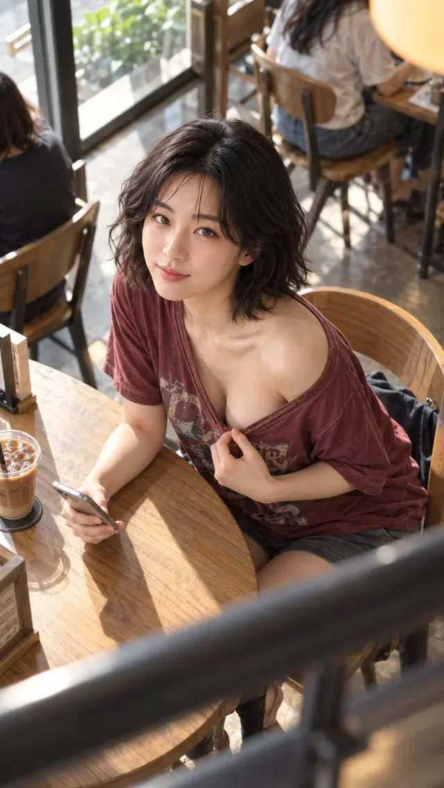A woman in an oversized vintage t-shirt sitting at a cafe table, captured from a high angle while looking up at the camera.