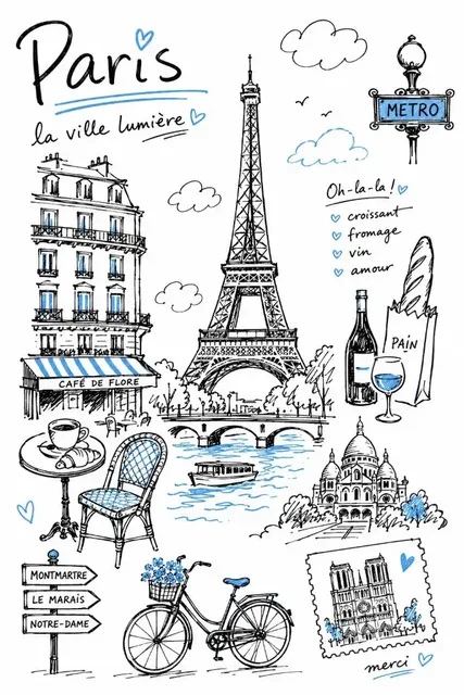 Hand-drawn black felt-tip marker illustration of Parisian landmarks like the Eiffel Tower and Sacré-Cœur, with subtle blue accents, in a travel notebook style.