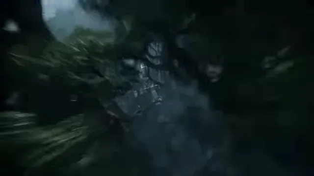 First-person view diving through a dark, ancient jungle temple with vines and statues, emerging into a bright underground sun with levitating stone rings.