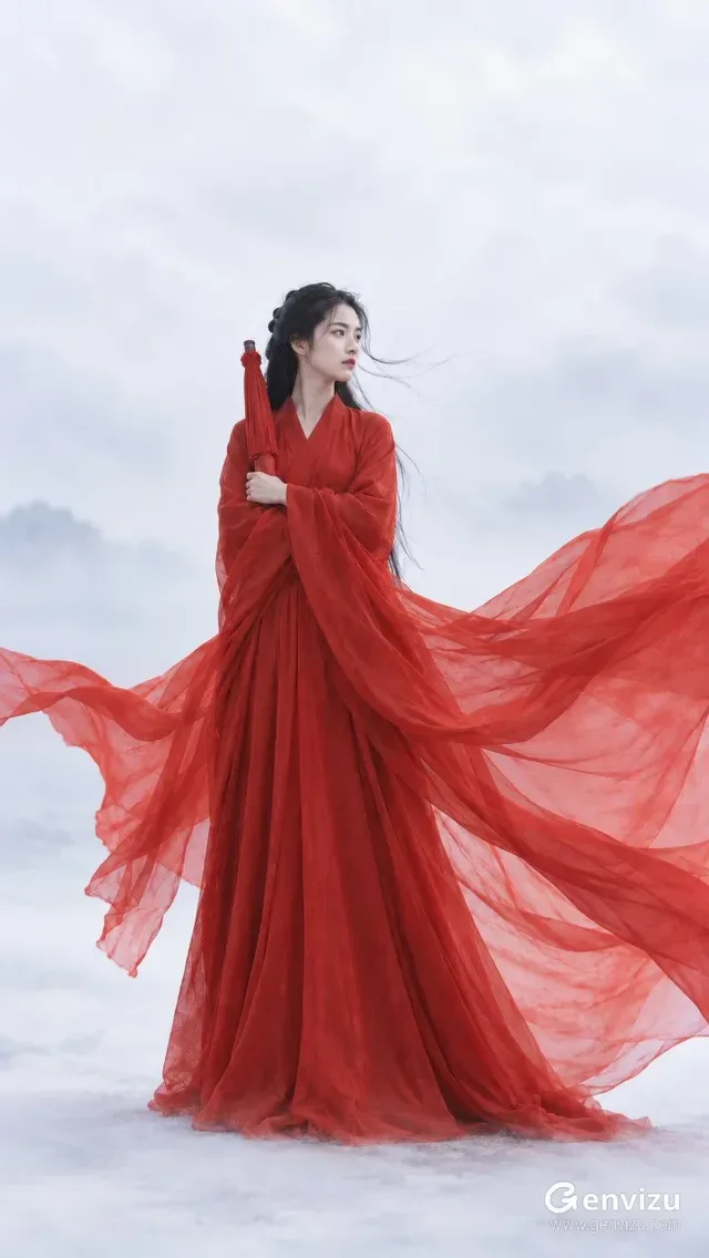 A Chinese woman in a vibrant red robe standing gracefully against an abstract, mist-white landscape with windblown fabric.