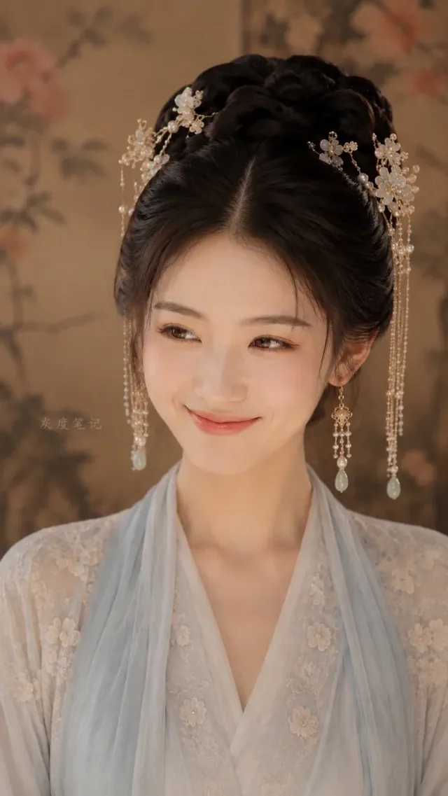 Close-up portrait of a young East Asian woman with dark hair styled in an updo, wearing traditional hair ornaments. She has fair skin, delicate features, and a gentle, slightly smiling expression, with eyes looking off-camera. The background is a softly blurred classical Chinese garden.