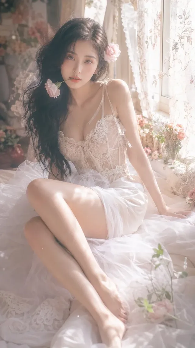 Photorealistic portrait of a young East Asian woman in a bright, floral bedroom. Soft diffused daylight illuminates her, creating a dreamy, vintage atmosphere. She holds a pale pink rose between her lips.