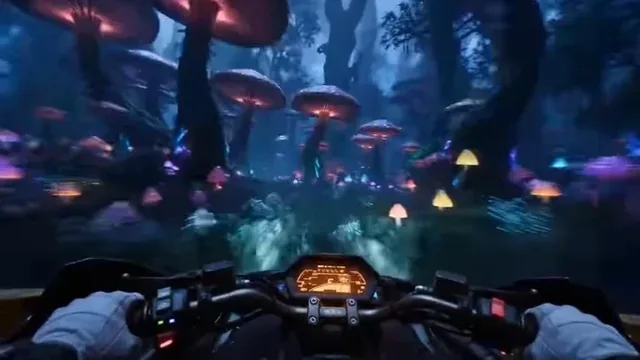 First-person view from a hoverbike in a dark, glowing alien jungle, with a large, iridescent insect flying close to the camera.