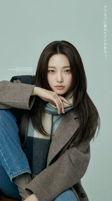 Woman in a grey wool coat and scarf, one knee up, with a distant stare.