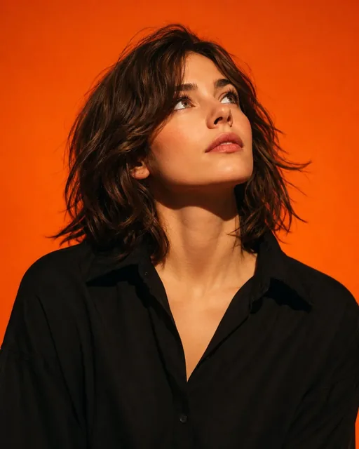 Medium close-up portrait of a woman with shoulder-length brown hair, wearing a black collared shirt, gazing upward against a bright orange background with dramatic warm lighting.