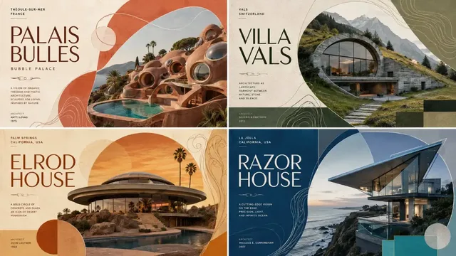 A 2x2 grid poster featuring four distinct artistic interpretations of luxury houses, generated by AI.