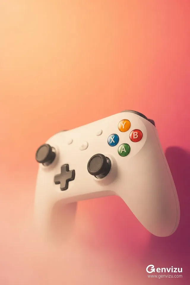 A cream-white wireless gaming controller with dark joysticks and colorful A/B/X/Y buttons, angled and floating against a soft pink to purple gradient background with a hazy foreground element.