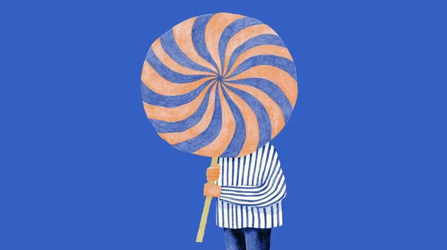 Person holding a giant orange and blue swirled lollipop, illustration style.