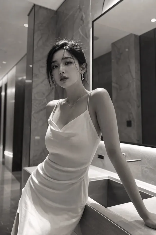 Monochrome portrait of a young Korean model in a white slip dress leaning against a counter in a luxury hotel restroom.
