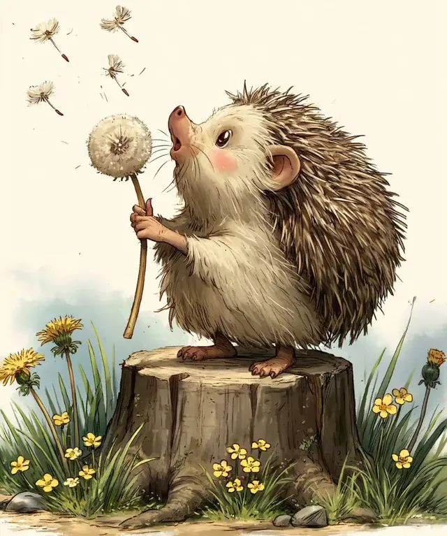 Watercolor illustration of a cute hedgehog standing on a tree stump, blowing dandelion seeds into the air, with yellow flowers and green grass around.