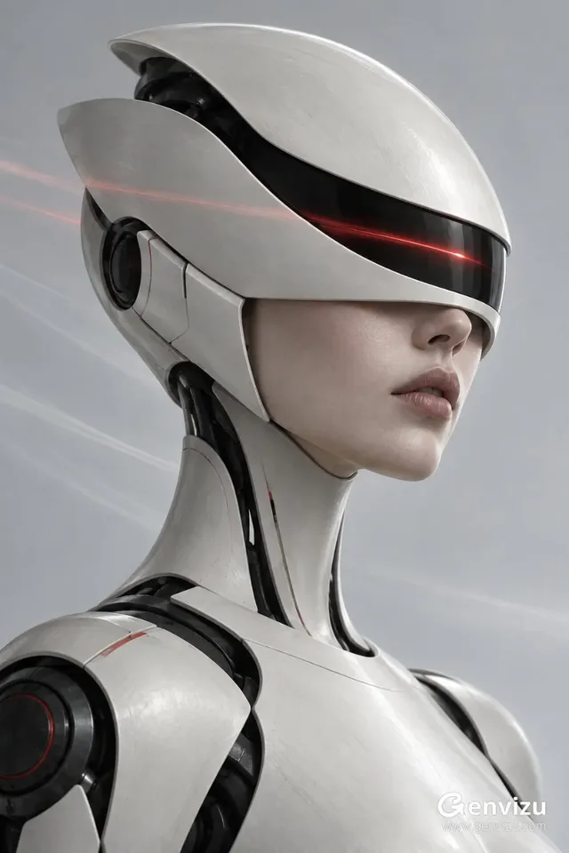 Close-up portrait of a bionic person wearing a sleek ivory ceramic helmet with a thin red scanning light, against a neutral gray background. Focus on the helmet's design and material contrast with skin.
