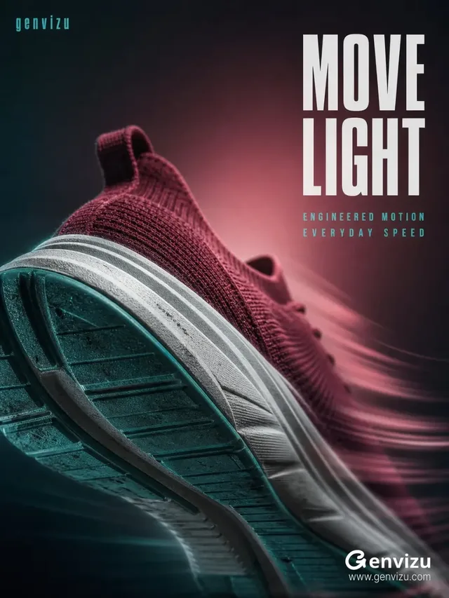 A wine-red woven running shoe in motion, captured from a low angle with a motion blur effect, against a dark gradient background with soft pink lighting.