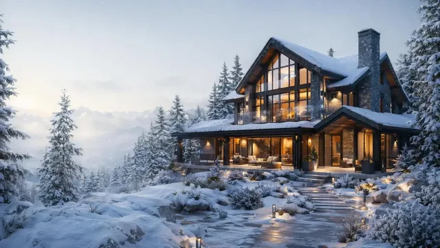 A beautiful modern family house with warm interior lights glowing through large windows, surrounded by a peaceful winter landscape with gentle snowfall.
