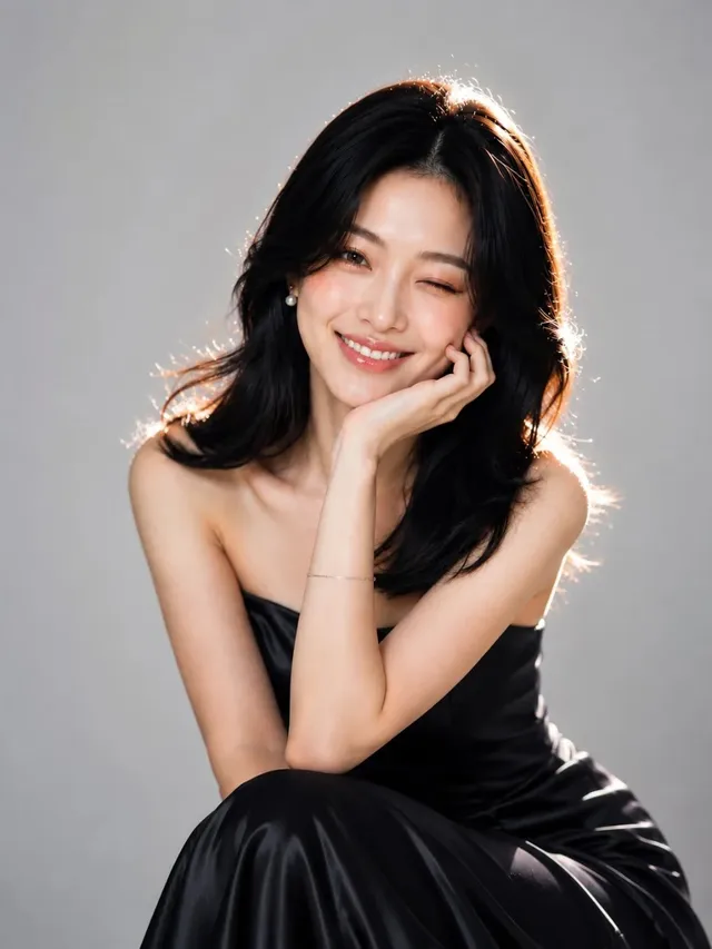 Ultra-realistic studio beauty portrait of a young East Asian woman with silky black hair, wearing a navy satin gown and pearl earrings. She smiles warmly, winking playfully, with luminous skin against a pastel blue background.