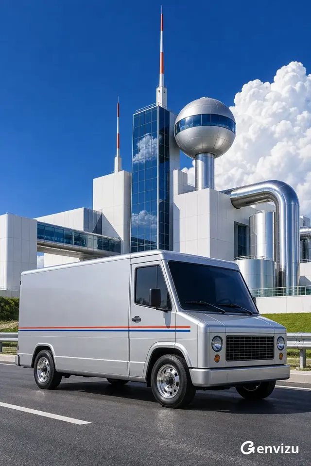 A silver-white, boxy electric logistics van parked on a black asphalt road, facing right. In the background, a minimalist future research station with white cubic buildings and blue mirrored glass towers under a deep blue sky.