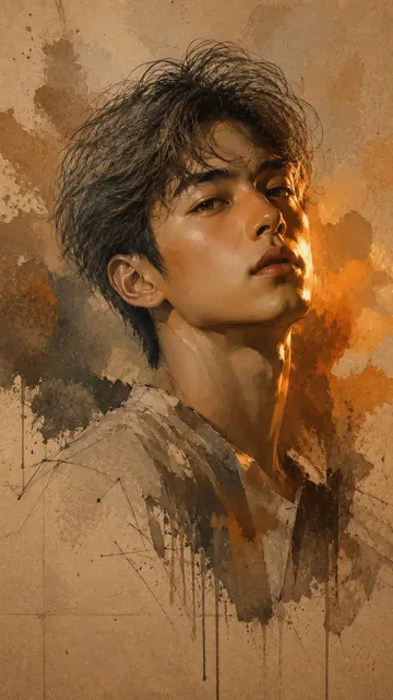 A semi-abstract contemporary fine-art portrait with a highly detailed, luminous face contrasted by fragmented, painterly textures in the hair and background.