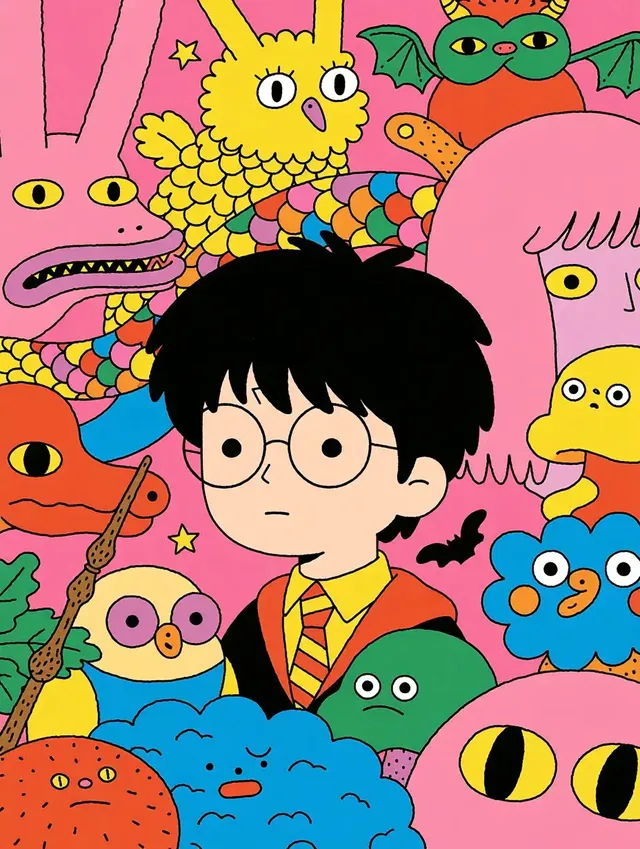 Illustration of Harry Potter surrounded by various colorful, cartoonish monsters and creatures with large eyes and exaggerated features, against a bright pink background.