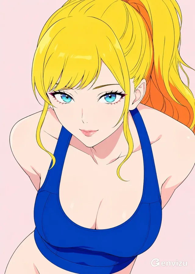 Close-up, high-angle anime portrait of a young adult East Asian woman with pale skin, large aqua eyes, and a yellow ponytail, looking up with a confident smile. She wears a cobalt blue halter top.