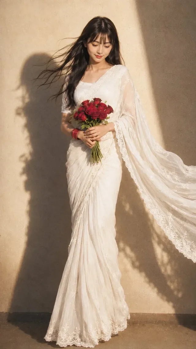 Woman in a retro saree, holding red roses, with wavy hair, leaning against a wall, bathed in dramatic light and shadow, evoking a 90s cinematic feel.
