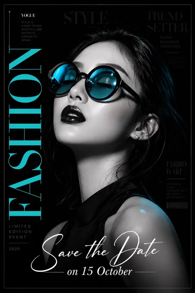 Luxury fashion event poster featuring a Korean woman with cyan-accented sunglasses and makeup, monochrome palette, matte black background with typography, and 'Save the Date' text.