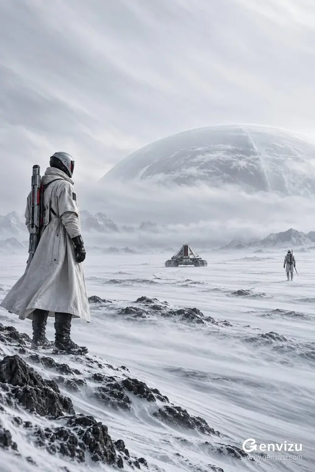 A vertical, 2:3 aspect ratio sci-fi art photograph. A vast, cold, white salt-flat landscape dominates the lower half, with a large expanse of pale sky above. Two futuristic sentinels in ivory coats and helmets stand on the left, one near, one distant. A low triangular tracked vehicle is further away. A giant, semi-transparent elliptical weather dome is partially obscured by mist in the sky. The composition is monumental and quiet, with sharp focus on figures and equipment against soft, streaked clouds and snow.