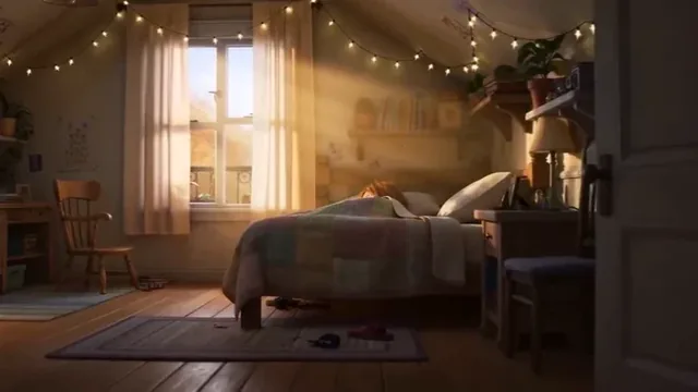 Pixar-style animation of a child gently holding an orange kitten in bed, bathed in warm sunset light.