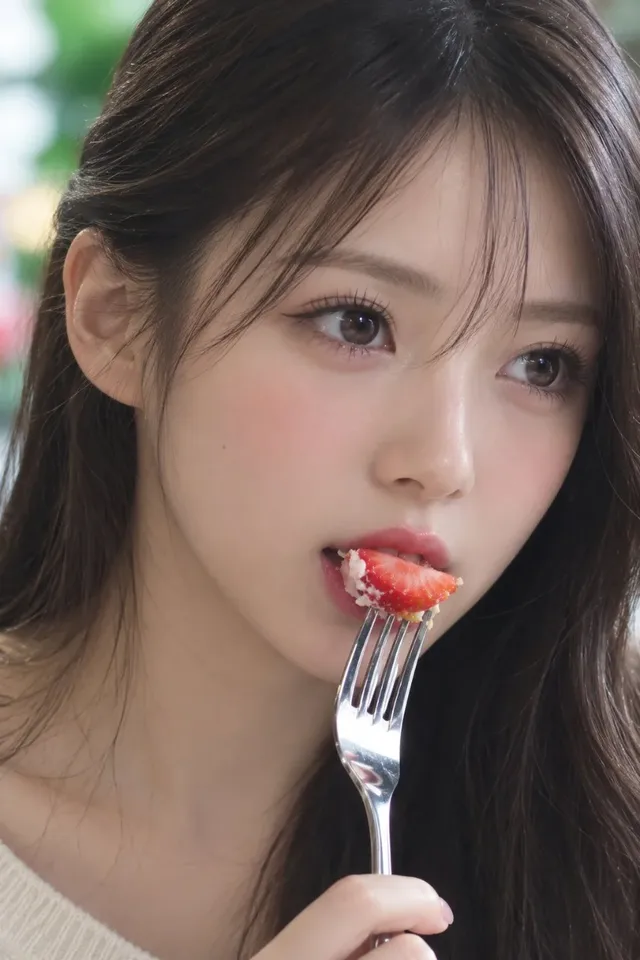 Close-up portrait of a young woman with long dark hair enjoying a grilled burrito and a slice of strawberry cake, with soft, bright lighting.