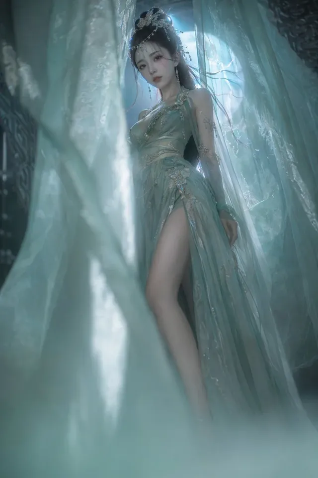 A beautiful Chinese woman in a jade green and celadon hanfu stands amidst flowing gauze curtains, illuminated by cool teal moonlight, with a melancholic expression.