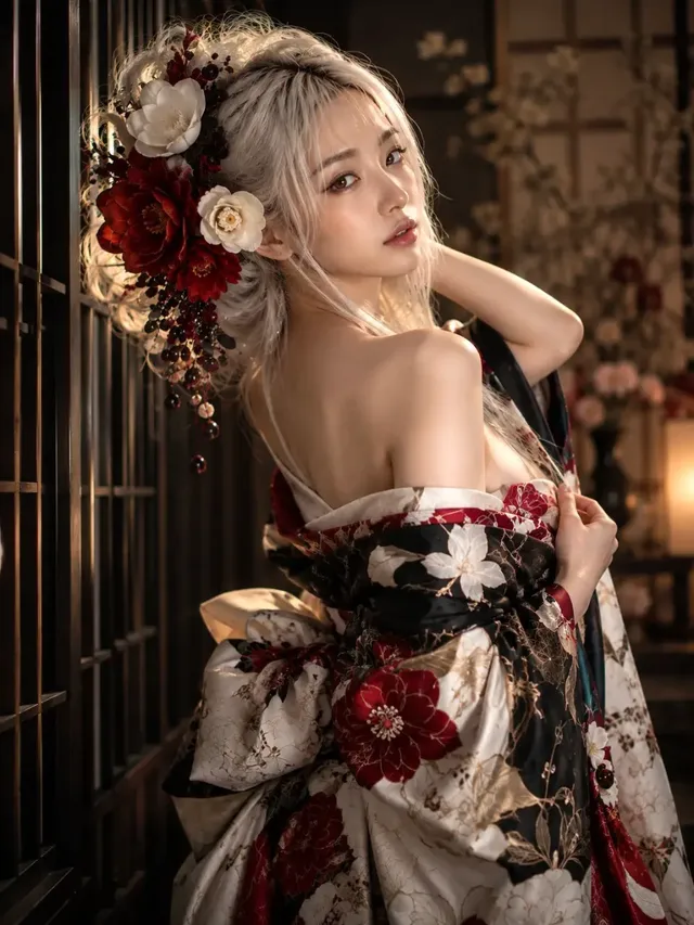 Elegant woman in a kimono sitting on stone steps, framed by large blurry white and red flowers, with soft cinematic lighting and a confident gaze towards the camera.