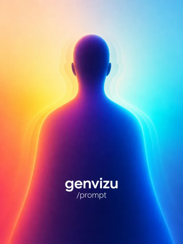 A minimalist, abstract digital art poster with a centered, faceless human silhouette radiating warm and cool colors against a soft, atmospheric gradient background. A white brand lockup is placed on the lower torso.