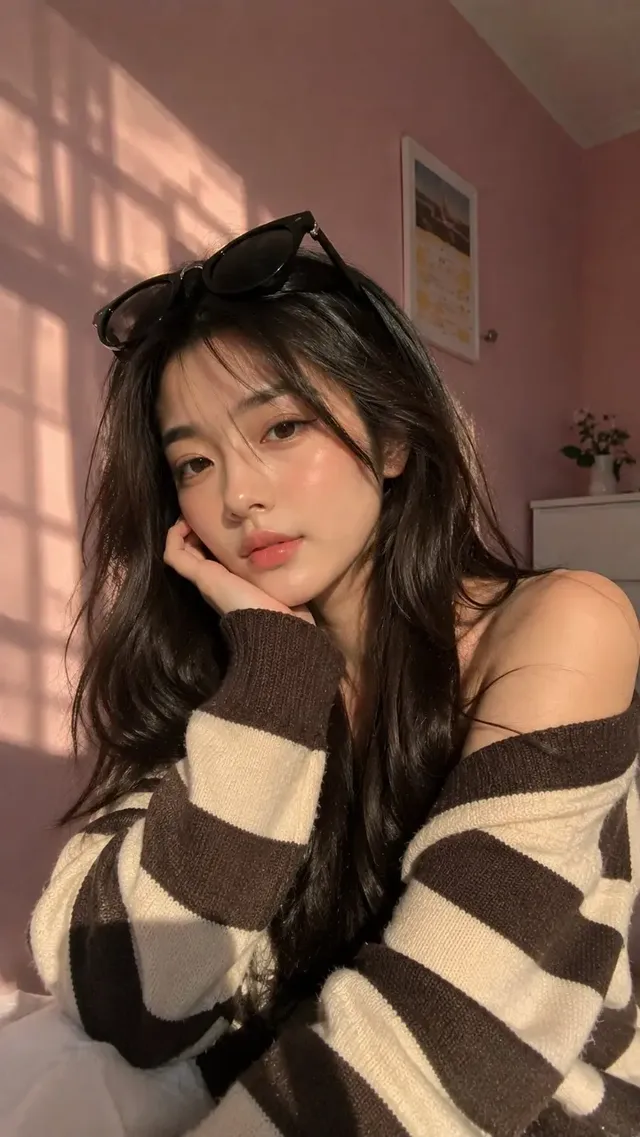 Ultra-realistic portrait of a young woman with long wavy dark hair, fair skin, wearing a knit sweater and sunglasses on her head, posing in a pastel pink room with warm golden hour sunlight.