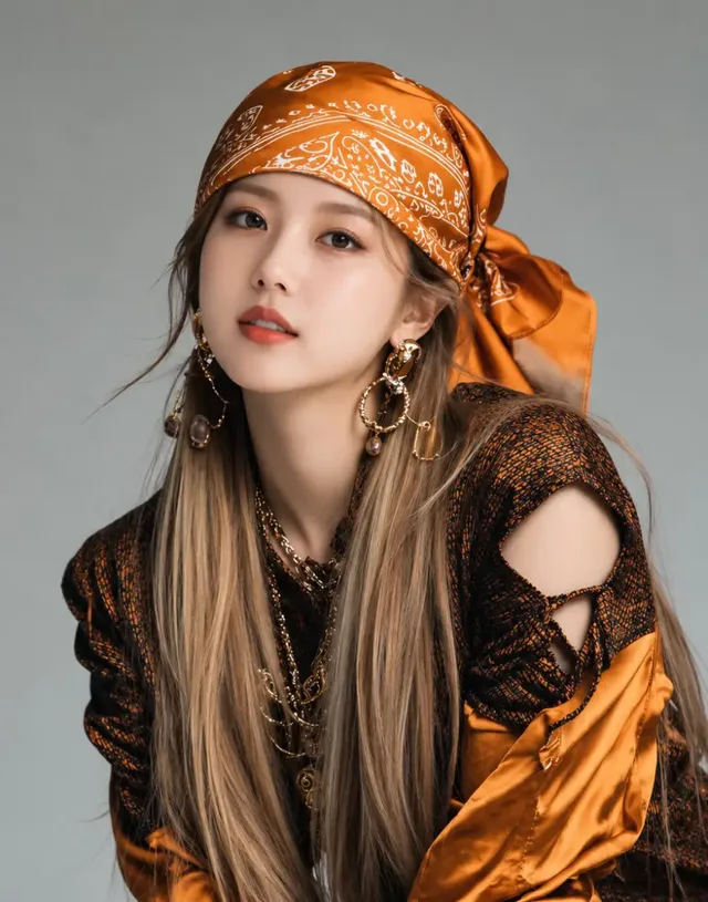 Ultra realistic fashion editorial portrait of a beautiful East Asian woman in a burnt orange satin outfit, posing confidently in a studio with soft lighting.