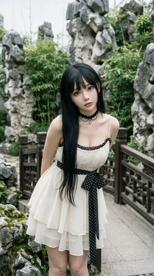 Ultra-realistic cinematic portrait of an ethereal young East Asian woman with long black hair and pale skin, standing in a lush Chinese garden wearing a polka-dot chiffon mini dress.
