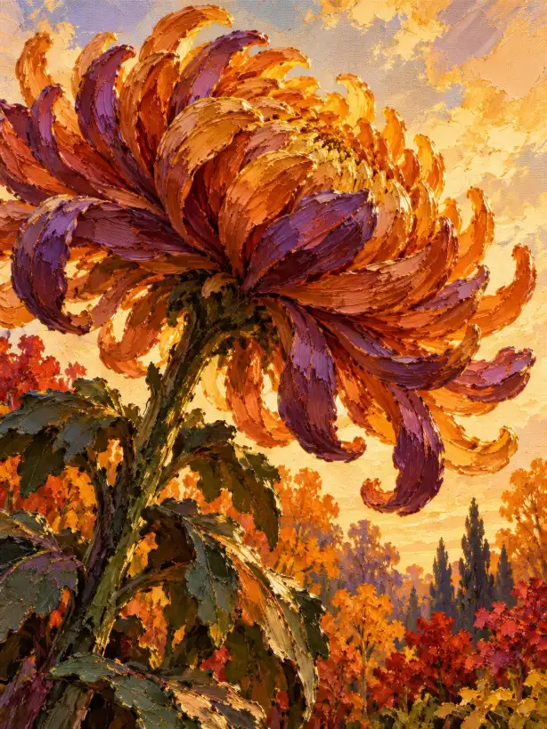 Thick impasto oil painting of a copper and violet chrysanthemum viewed from below against a pale golden sky.