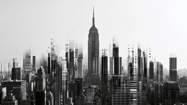 Black and white image of the New York City skyline, rendered as if breaking apart into fragmented pixels and digital barcodes, showcasing a unique glitch art style.
