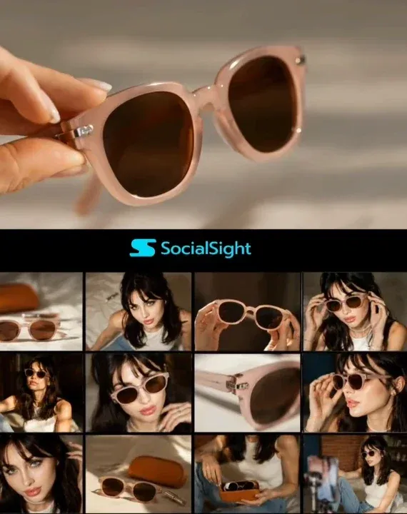 Woman with pearl choker, white top, and blue jeans in a luxury bedroom, confidently posing with elegant sunglasses during a golden-hour fashion shoot.