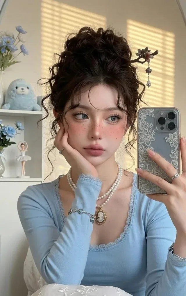 A young woman with doll-like makeup, messy brown updo, and pastel blue top takes a mirror selfie, supporting her chin with one hand and holding a smartphone with the other. Soft golden hour light creates window blind shadows.