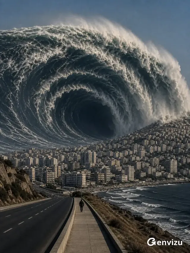 A massive, curling ocean wave looms over a detailed cityscape, with a highway and a single pedestrian in the foreground. The composition creates a sense of immense scale and impending doom.