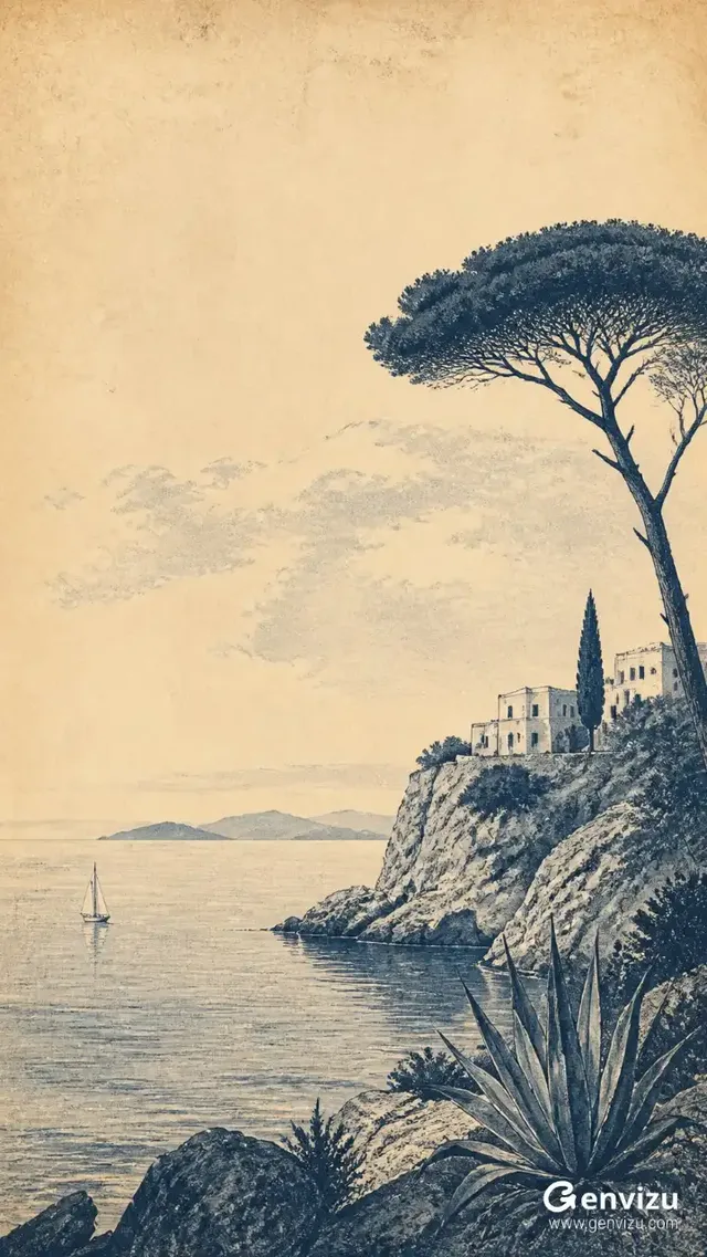 A vertical monochrome lithograph on aged ivory paper. Features a calm Mediterranean sea, a distant sailboat, rocky cliffs with simple villas, and a tall umbrella pine. The sky is vast and warm with subtle clouds. The style is reminiscent of old travel prints.
