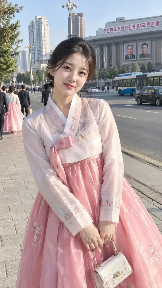 A candid smartphone photo of a gentle 23-year-old Korean woman in traditional dress smiling softly on a Pyongyang street.