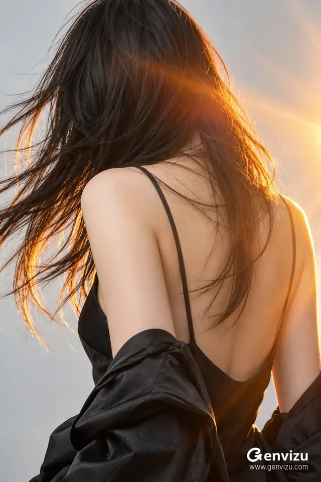 A back view of a person with long flowing hair highlighted by golden backlight against a soft gray background.